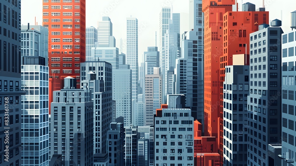 An urban-inspired background with simplified, blocky buildings in stark colors An urban-inspired background with simplified, blocky buildings in stark colors