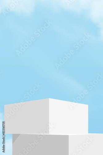 Sky blue,Cloud background, 3d White Podium step display mockup for cosmetic product present,Vector minimal backdrop scene grey Platform,Vertical Design banner for Spring,Summer background