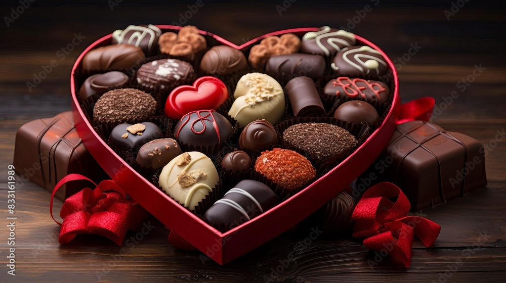 A variety of gourmet chocolates in a heartshaped box,