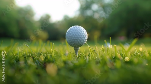 Close up golf ball on tee with blur green bokeh background. Golf ball on green grass.