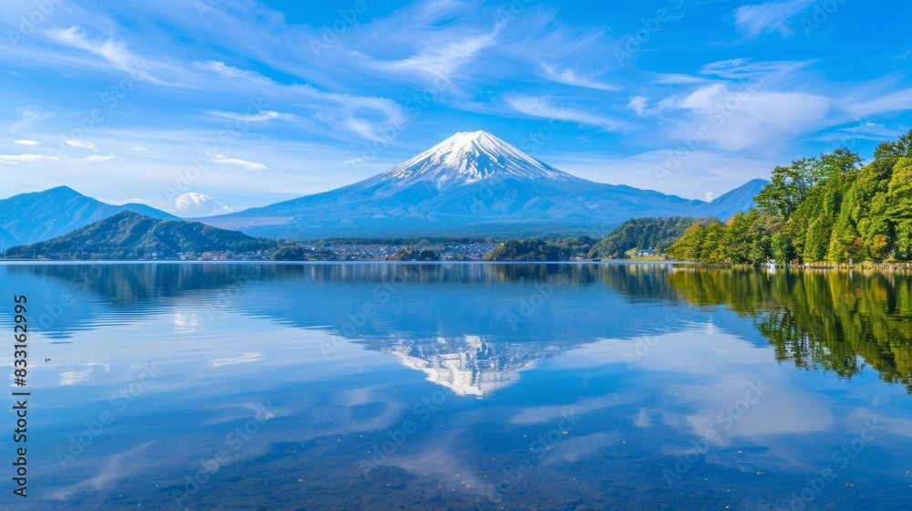 A serene view of Mount Fuji perfectly reflecting in the calm waters of Lake Kawaguchi, with a clear blue sky and surrounding landscape, capturing the essence of natural beauty. A serene view of Mount Fuji perfectly reflecting in the calm waters of Lake Kawaguchi, with a clear blue sky and surrounding landscape, capturing the essence of natural beauty.