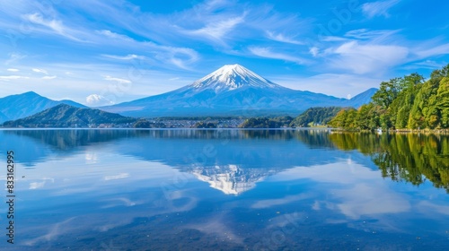 A serene view of Mount Fuji perfectly reflecting in the calm waters of Lake Kawaguchi, with a clear blue sky and surrounding landscape, capturing the essence of natural beauty.