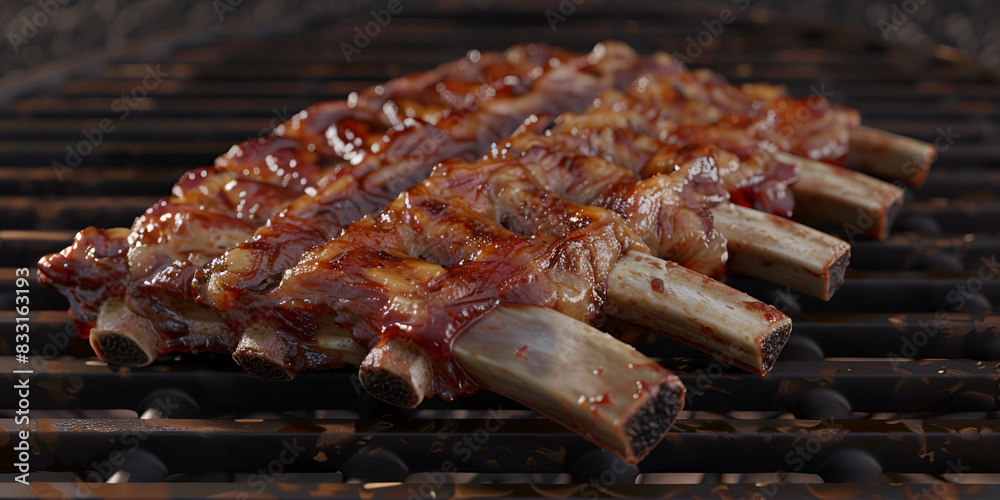 The mouth-watering appeal of grilled ribs, sizzling as they cook on the grill.