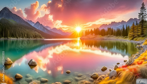 A beautiful mountain landscape with a lake and a sunset in the background