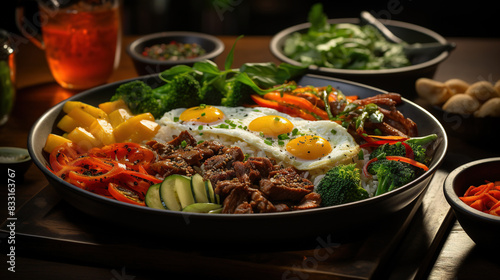 Delicious Korean Bibimbap Served With Salad On Wooden Table On Blurry Background