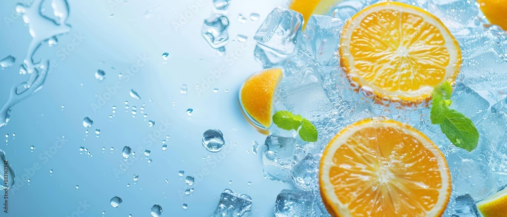 Refreshing citrus slices on ice cubes with mint leaves, creating a cool and vibrant summer drink concept on a blue background.