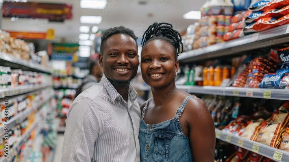 A positive stock photo of a couple happily showcasing their purchases in the supermarket, smiling brightly for the camera. A positive stock photo of a couple happily showcasing their purchases in the supermarket, smiling brightly for the camera.