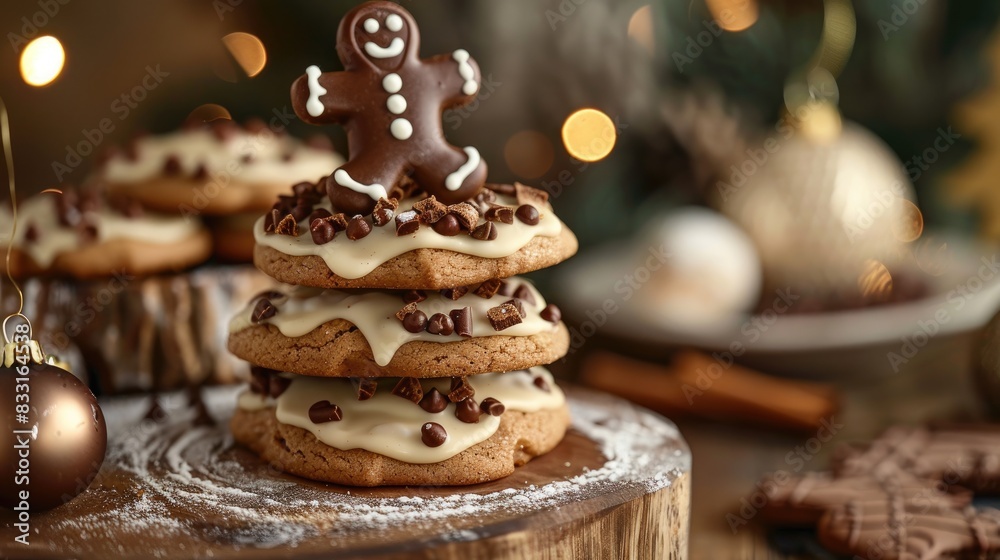 Stack of eggnog cookies topped with a chocolate gingerbread man Stack of eggnog cookies topped with a chocolate gingerbread man