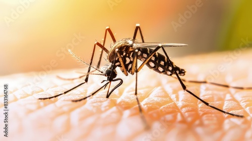 Close-up photo of a mosquito on a human skin. The pesky mosquito hovers over its next meal, ready to strike.