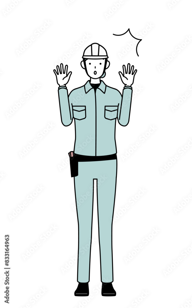 Female engineer in helmet and work wear raising her hand in surprise. Female engineer in helmet and work wear raising her hand in surprise.