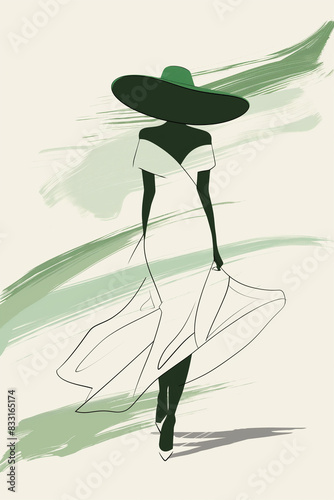 Sketch of a silhouette of an elegant woman with feminine dress and large hat in black and white and green