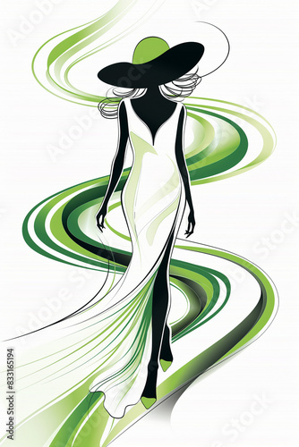 Sketch of a silhouette of an elegant woman with feminine dress and large hat in black and white and green