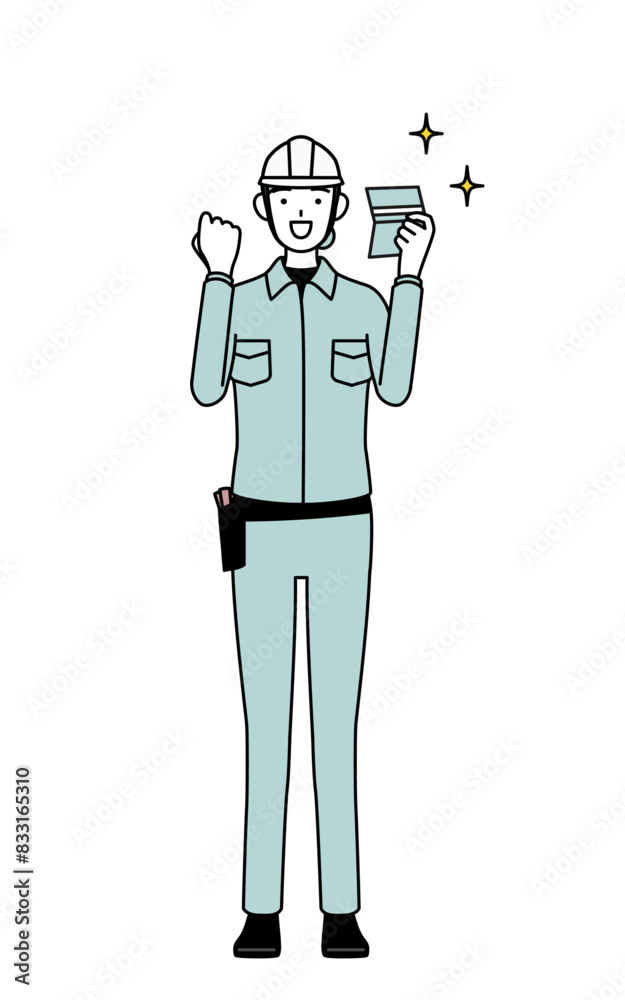 Female engineer in helmet and work wear who is pleased to see a bankbook. Female engineer in helmet and work wear who is pleased to see a bankbook.