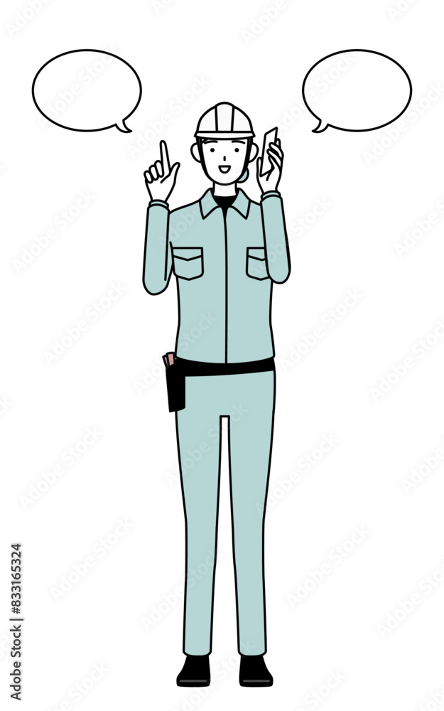 Female engineer in helmet and work wear pointing while on the phone. Female engineer in helmet and work wear pointing while on the phone.