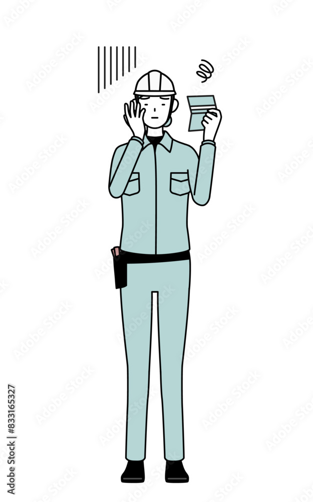Female engineer in helmet and work wear looking at her bankbook and feeling depressed. Female engineer in helmet and work wear looking at her bankbook and feeling depressed.
