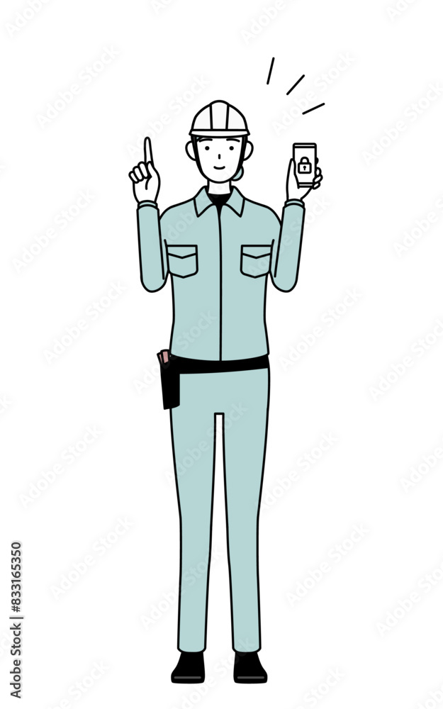 Female engineer in helmet and work wear taking security measures for her phone. Female engineer in helmet and work wear taking security measures for her phone.