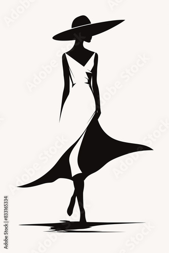 Sketch of a silhouette of an elegant woman with feminine dress and large hat in black and white 
