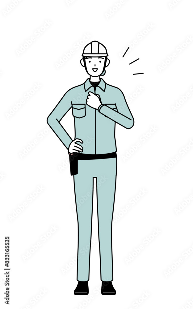 Female engineer in helmet and work wear tapping her chest. Female engineer in helmet and work wear tapping her chest.