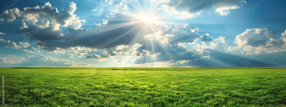 panoramic view of a beautiful green grass field with a blue sky and white clouds in the background