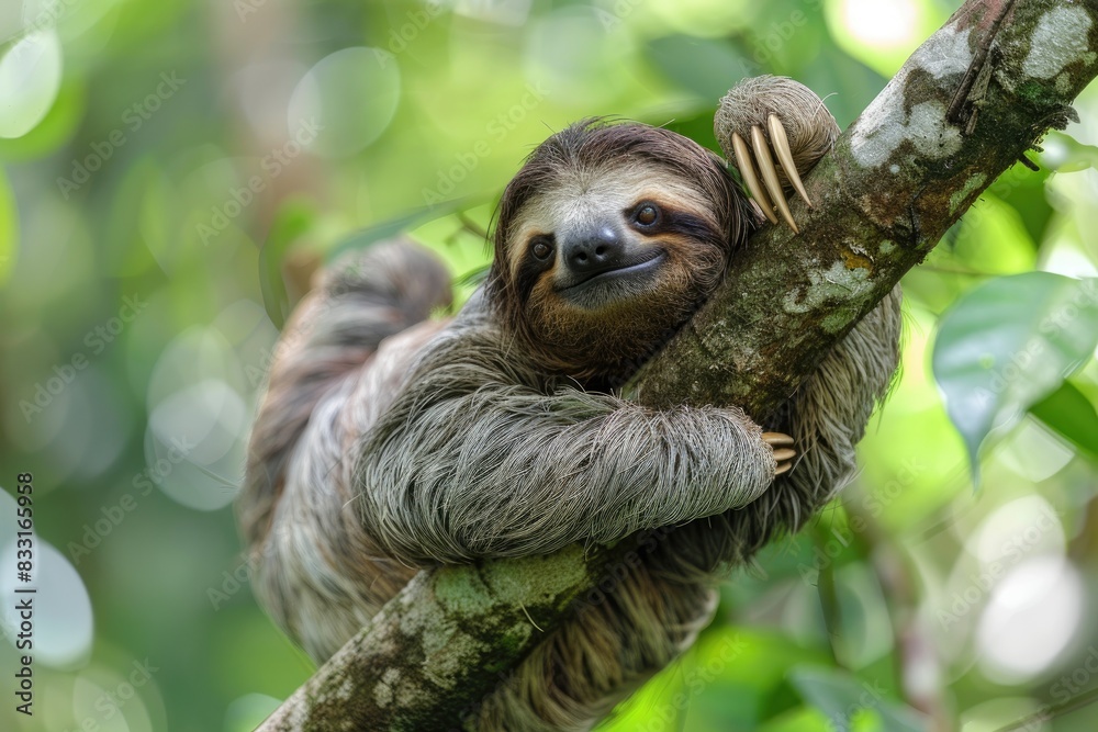 Fototapeta premium Funny sloth hanging on tree branch. Wild animal in the rainforest of Costa Rica