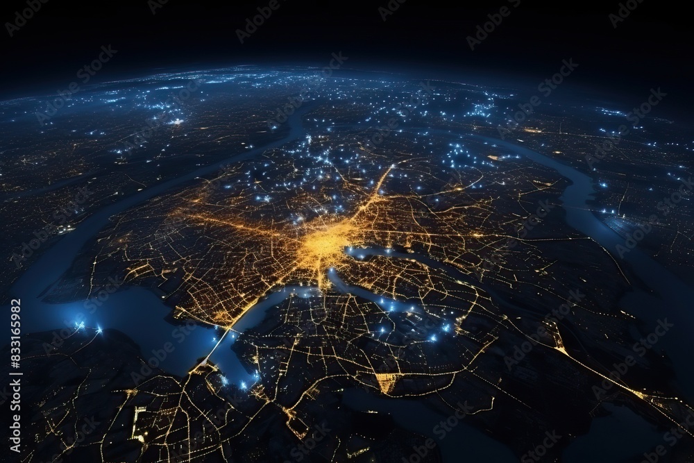 Satellite view of the lights of a large modern city at night. Dependence of large cities on the supply of electricity.