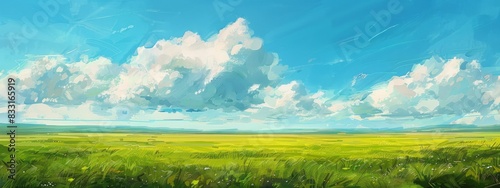 panoramic view of a beautiful green grass field with a blue sky and white clouds in the background