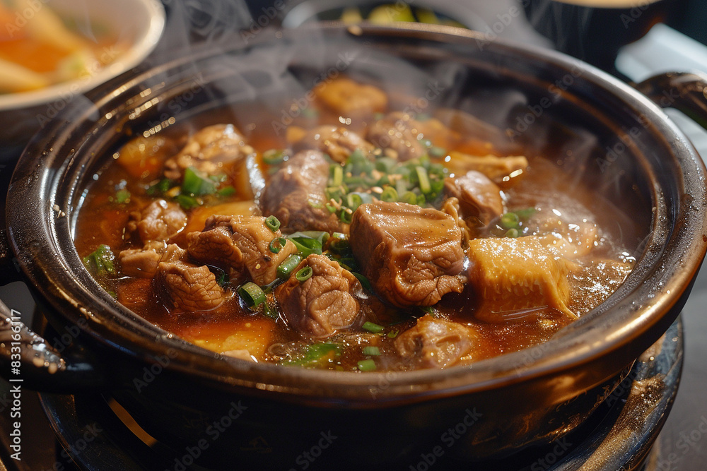 Bak Kut Teh in hot pot, herbal soup dish made with pork ribs and Chinese herbs. Bak Kut Teh in hot pot, herbal soup dish made with pork ribs and Chinese herbs.