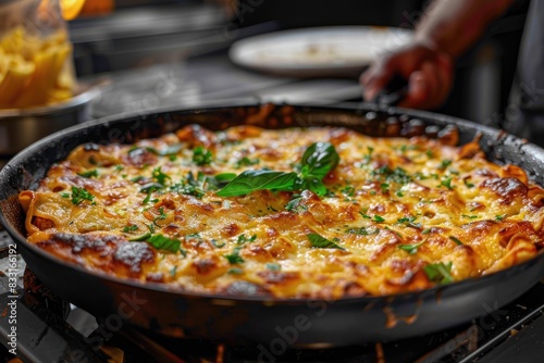 Lasagna being served in an black pan.
