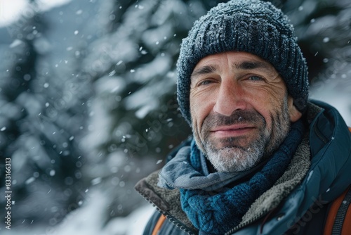 Mature man smiling in snowy mountain scenery