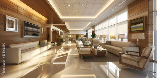 Modern reception area lobby area interior design   A lobby with a large wall with lights on it.  