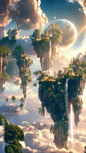 A fantastical landscape with floating islands, waterfalls, and celestial bodies in the sky