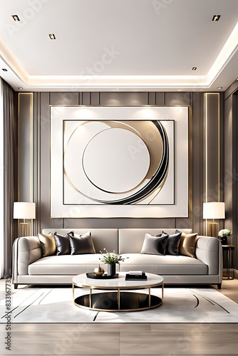  Luxury living room in taupe beige color. Brown and gray accents of the interior design room. Mockup empty painting wall. Large sofas in lounge area. Reception hall clubhouse or hotel. 3d rendering 