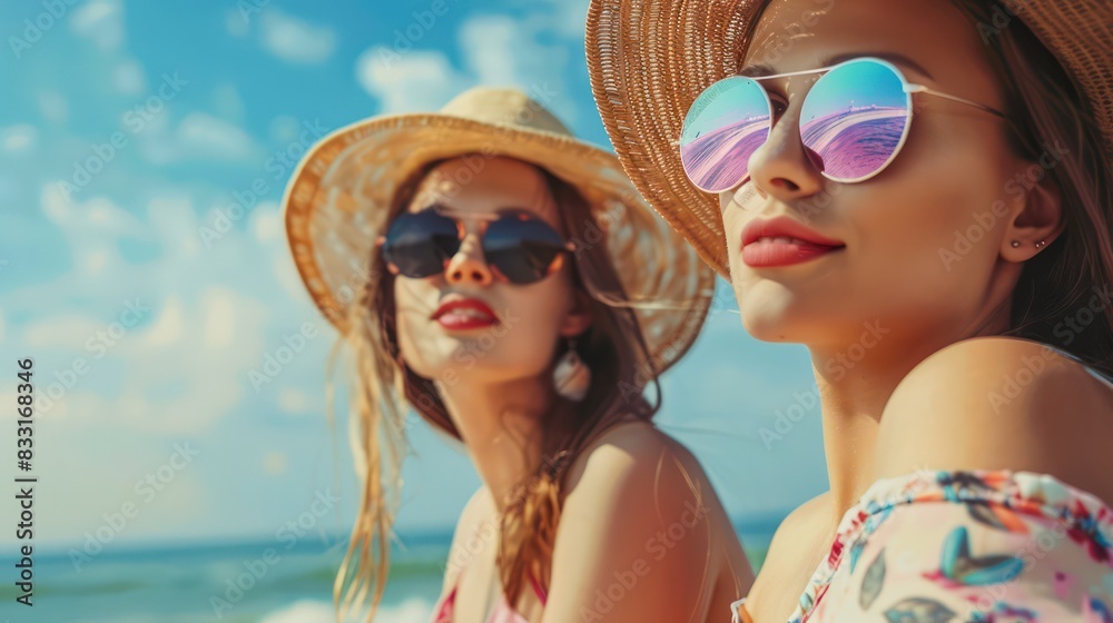 Two women in summer hats enjoy a sunny beach day with their identities respectfully obscured Two women in summer hats enjoy a sunny beach day with their identities respectfully obscured