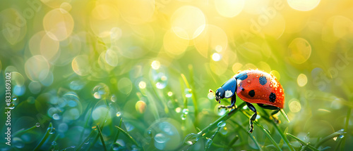 Beautiful spring background with dew on grass and lady bug