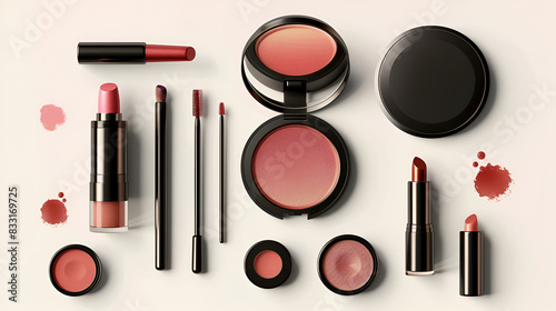 Cosmetics set Vector realistic. Eye shadow, lip gloss and powder blush collection. Product placement, Generative AI