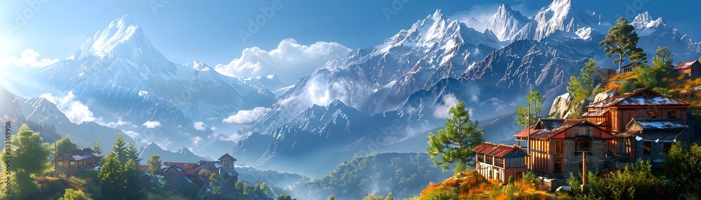 Cozy Mountain Village Nestled in a Serene Valley with Towering Peaks in the Background Showcasing the Beauty and Tranquility of Nature Cozy Mountain Village Nestled in a Serene Valley with Towering Peaks in the Background Showcasing the Beauty and Tranquility of Nature