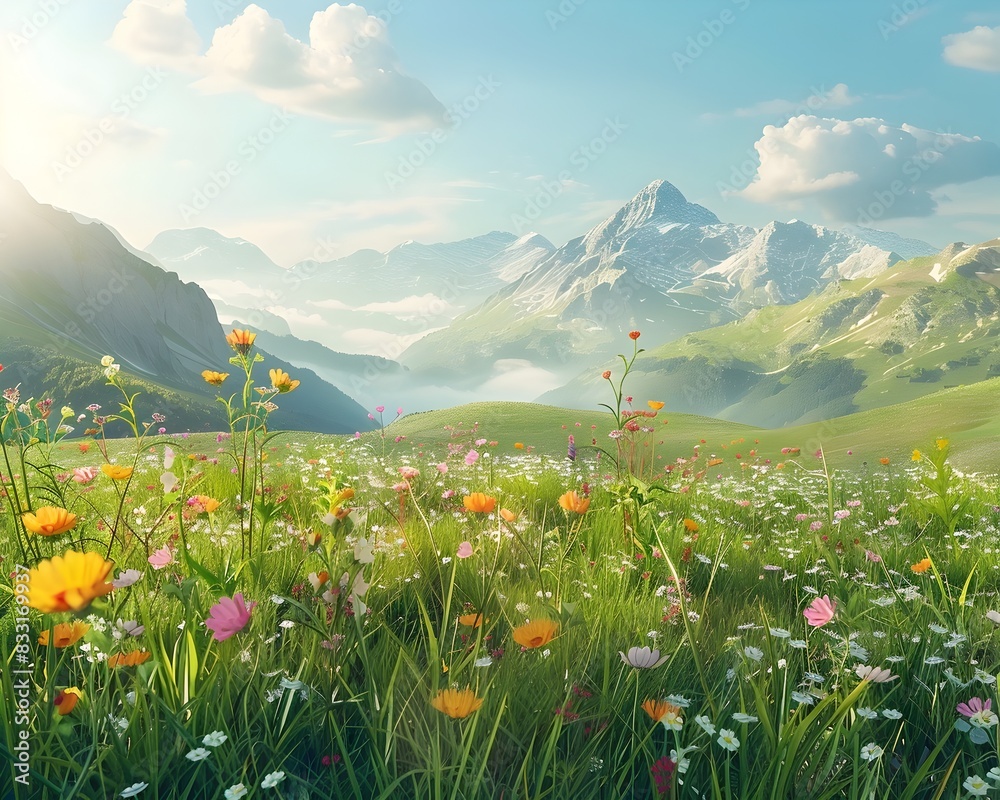 Vibrant Alpine Meadow with Distant Majestic Mountains and Serene Landscape