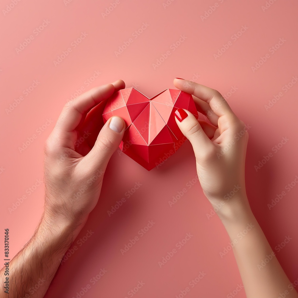 Couple Holding Geometric Red Heart: Symbol of Unity and Love on Pink Background Couple Holding Geometric Red Heart: Symbol of Unity and Love on Pink Background
