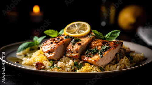 Delicious Sauteed Lemon Basil Chicken Breast Juicy and Tender Served Over Fluffy Rice Pilaf Garnished with Fresh Basil Vibrant Green Herb On Blurry Background