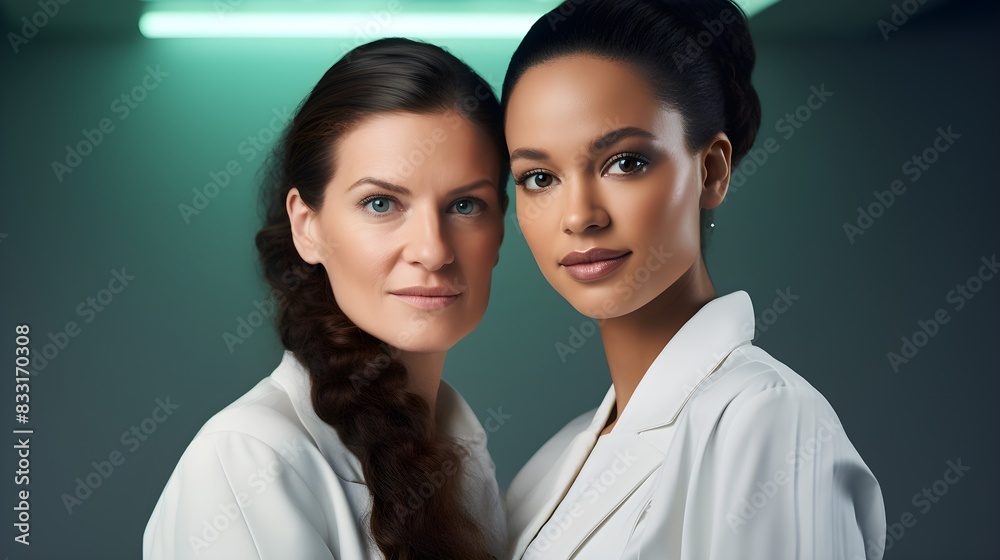 A glimpse into tomorrow's high-tech fashion with two women in sleek white ensembles A glimpse into tomorrow's high-tech fashion with two women in sleek white ensembles