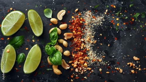 A black background with a bunch of food items including nuts, peppers, and lime photo