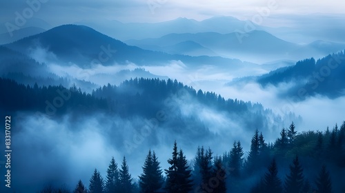 Misty Mountain Landscapes at Dawn Serene and Mysterious Natural Scenery with Atmospheric Fog