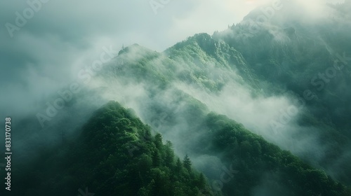 Fog Shrouded Mountain Ridge at Dawn A Mystical and Serene Landscape