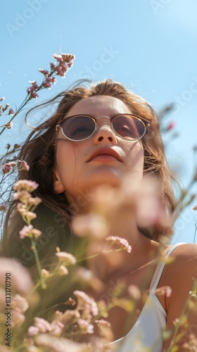 Portrait of a young woman in sunglasses surrounded by pink flowers with a clear blue sky background, embodying a carefree summer day