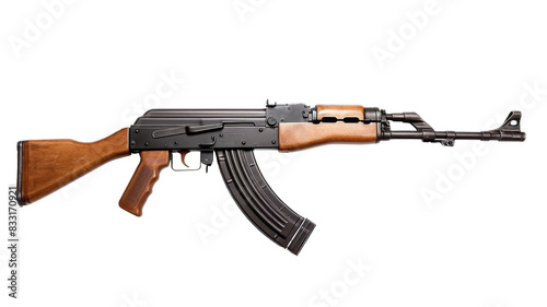Russian Kalashnikov automatic machine assault rifle AK 47 isolated on transparent background PNG cut out clipart.
