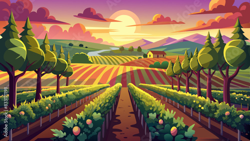 landscape with a vineyard, Lush vineyards at harvest time, with rows of grapevines under a setting sun