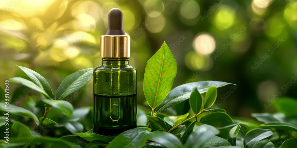 Green essential oil bottle with dropper on lush foliage background, sunlight highlighting natural and organic product in nature. Green essential oil bottle with dropper on lush foliage background, sunlight highlighting natural and organic product in nature.