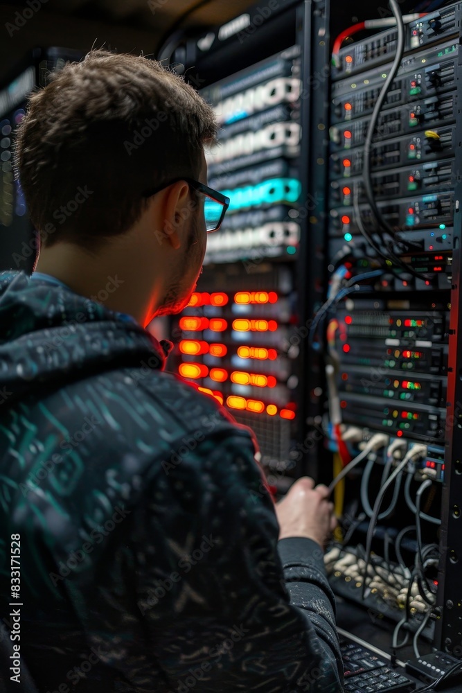 Technology Concept : A data center operator is checking the system status on the server room dashboard Technology Concept : A data center operator is checking the system status on the server room dashboard
