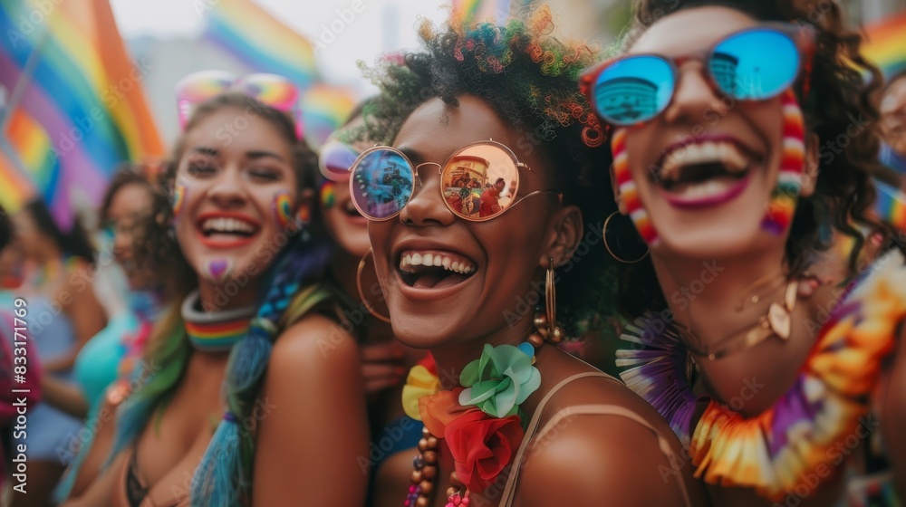 A woman with a colorful headband and a flowery lei is smiling at the camera A woman with a colorful headband and a flowery lei is smiling at the camera