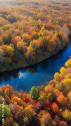 An aerial perspective of the vivid tree canopy in a fall forest Bright sunshine highlights the picture, which features fluffy clouds set against a beautiful blue sky.